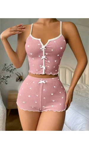 Kadın Pudra Kalpli Seksi Gecelik Takım