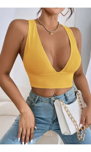 Kadın Sarı Çapraz Sırt Detaylı Şık Crop Top Büstiyer