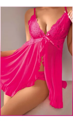 Kadın Seksi Fuşya Tül Gecelik Ve Külot Takım