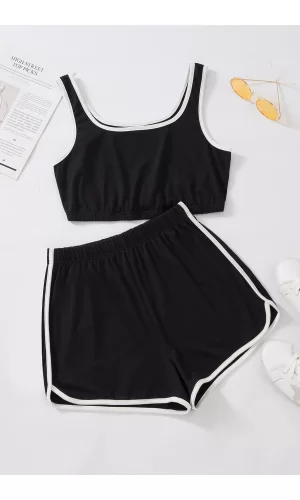 Kadın Siyah Askılı Crop Top Ve Şortlu Gecelik Takım