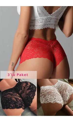 Kadın Siyah Beyaz Kırmızı 3lü Paket Dantel Tanga Şort Külot