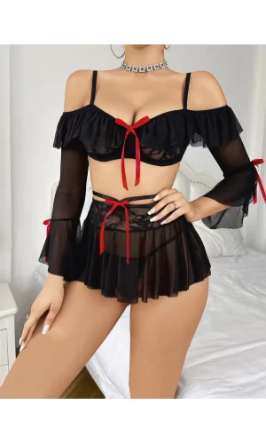 Kadın Siyah Etek Bustiyer Sexy Gecelik Takım