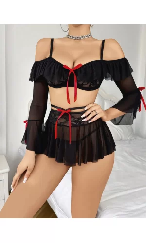 Kadın Siyah Etek Bustiyer Sexy Gecelik Takım 3831
