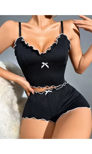 Kadın Siyah Fitilli Askılı Şortlu Pijama Takım