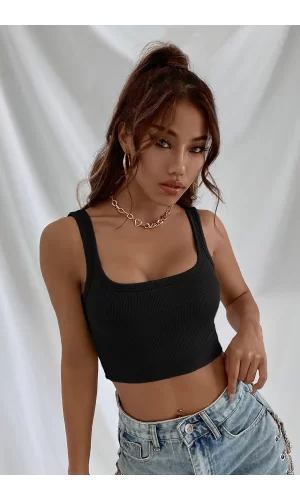 Kadın Siyah Kalın Askılı Crop Top Büstiyer