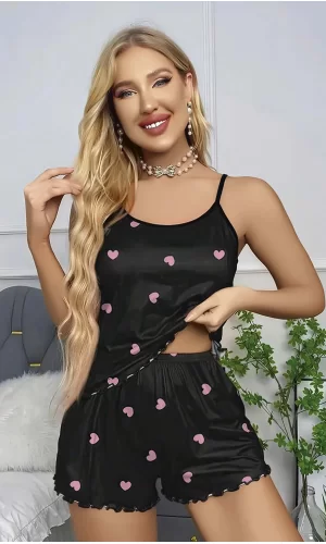 Kadın Siyah Kalp Desenli Seksi Gecelik Takım