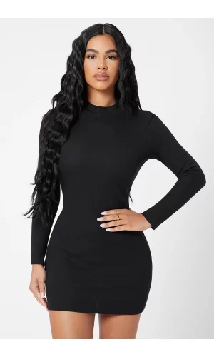 Kadın Siyah Kaşkorse Balıkçı Yaka Uzun Kollu Bodycon Mini Elbise