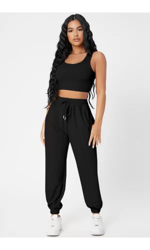 Kadın Siyah Kaşkorse Cepli Jogger Eşofman Altı Ve Crop Top Bluz