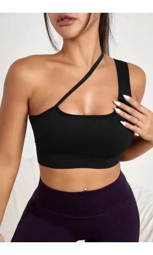 Kadın Siyah Tek Omuzlu Çapraz Askılı Crop Top Büstiyer
