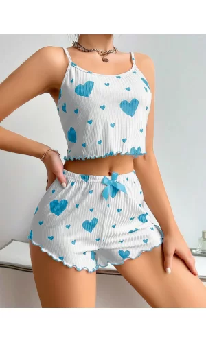 Kadınbeyaz Mavi Kalp Desenli Askılı Şortlu Pijama Takım