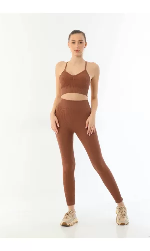 Kahve Mı Emay 3921 Soft Seamless Ripli Tayt Yoga Takımı