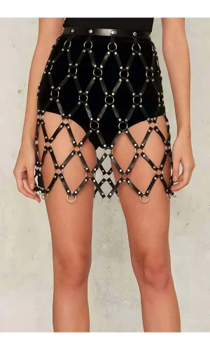 Kare Detaylı Şık Deri Harness Etek - Brf694