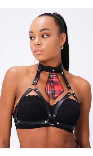 Kareli Kravat Ve Harness Göğsü Açık Deri Aksesuar 51164