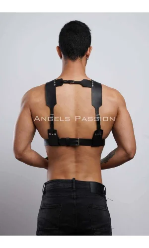 Kelepçeli Erkek  Göğüs Harness, Deri Erkek  Fantezi Harness, Kelepçeli Erkek  Harness - Brfm121