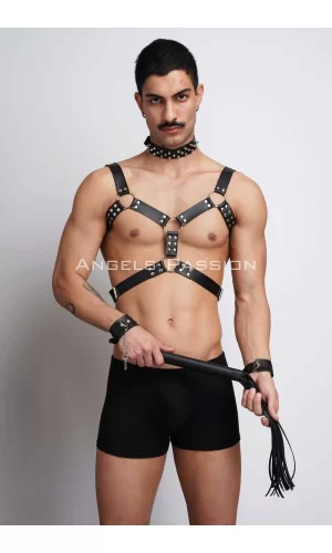 Kırbaç Ve Çivili Choker Detaylı Erkek  Fantazi Giyim, Deri Erkek  Harness Takım - Brfm102