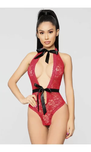 Kırmızı Boyun Ve Bel Kısmı Fiyonklu Babydoll