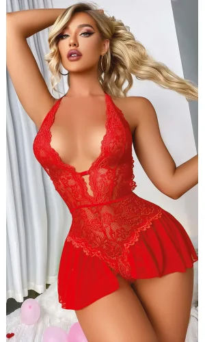 Kırmızı Dantel İşlemeli Fantezi Body