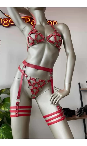 Kırmızı Deri Bdsm Fantazi Jartiyer Takım