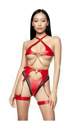Kırmızı Deri Fantezi Harness Takım, Seksi Deri İç Giyim - Brf1219