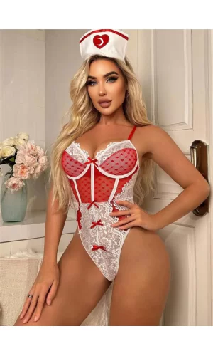 Kırmızı Fantezi Body Hemşire Kostümü