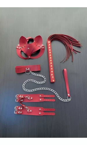 Kırmızı Fantezi Set, Kırbaç - Kelepçe - Tasma - Maske Takım - Brf1246