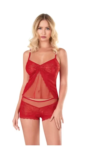 Kırmızı Jakarlı Babydoll Şort Takımı