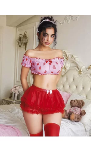 Kırmızı Kalp Desenli Pembe Etekli Fantezi Takım