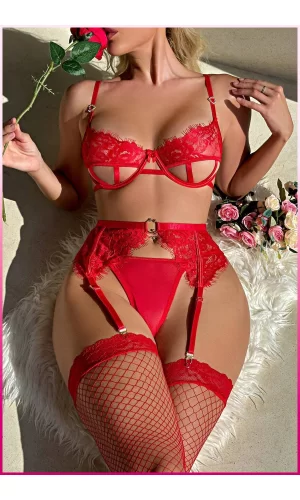 Kırmızı Midye Seksi Jartiyer Takım