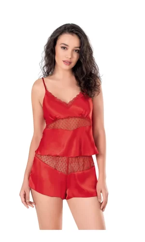 Kırmızı Saten Babydoll Şort Takımı