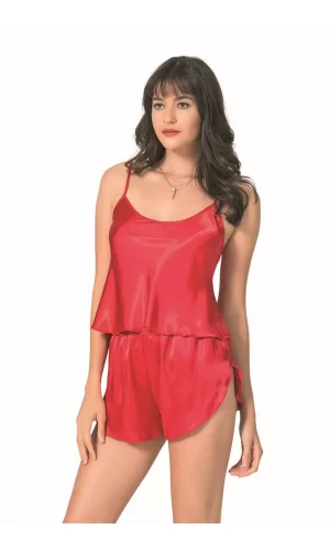 Kırmızı Saten Babydoll Şort Takımı
