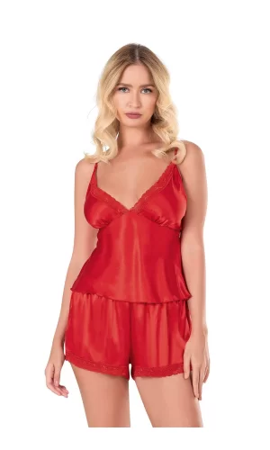 Kırmızı Saten Babydoll Şort Takımı