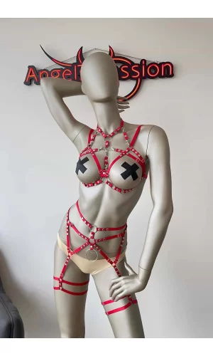 Kırmızı Seksi Elastik Jartiyer Harness Takım