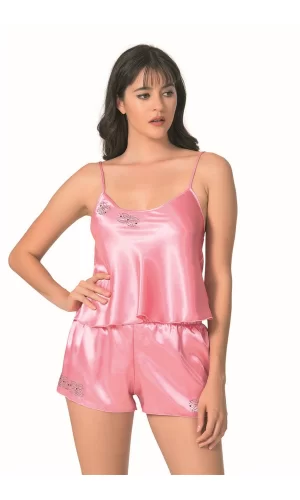 Koyu Pembe Saten Babydoll Şort Takımı