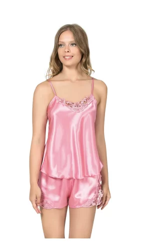 Koyu Pembe saten Babydoll Şort Takım