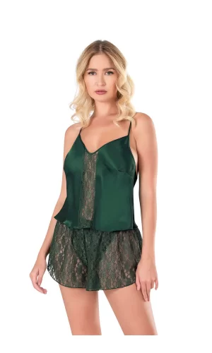 Koyu Yeşil Saten Babydoll Şort Takımı