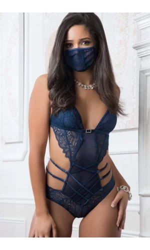 Lacivert Dantel İşlemeli Maskeli Fantezi Body