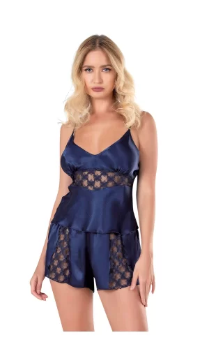 Lacivert Saten Babydoll Şort Takımı