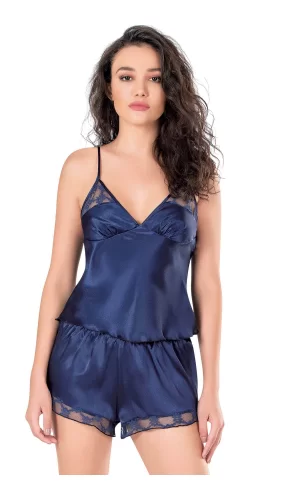 Lacivert Saten Babydoll Şort Takımı