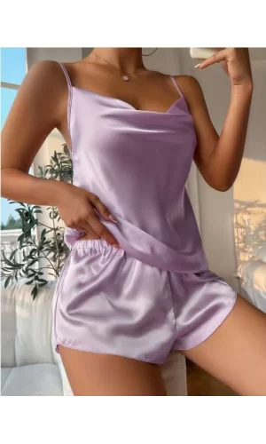 Lila İnce Askılı Saten Şortlu Takım