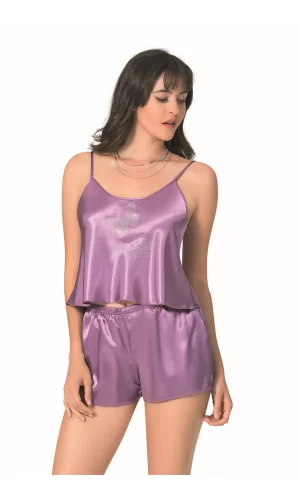 Lila Saten Babydoll Şort Takımı