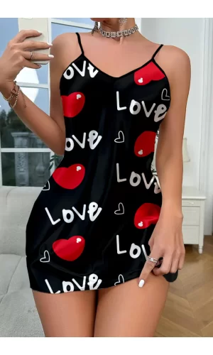 Love Desenli Saten Gecelik