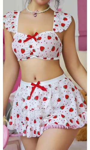 Luz&Pos Arias Closet Beyaz Çilek Desenli Etekli Fantezi Sütyen Takım