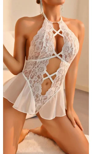 Luz&Pos Arias Closet Beyaz Dantel İşlemeli Dekolteli Fantezi Babydoll