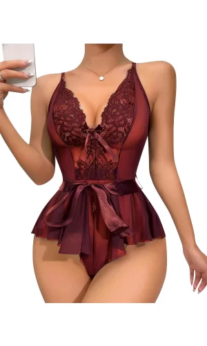 Luz&Pos Arias Closet Bordo Dantel İşlemeli Kurdelalı Fantezi Tül Babydoll