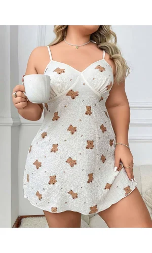Luz&Pos Arias Closet Büyük Beden Ayıcık Desenli Pamuklu İnce Askılı Mini Gecelik
