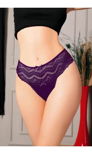 Luz&Pos Arias Closet Büyük Beden Bel Kısmı Dantelli Fantezi Mor Tanga String