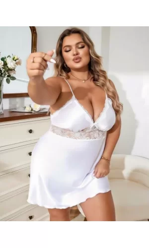 Luz&Pos Arias Closet Büyük Beden Beyaz Dantel İşlemeli Saten Gecelik