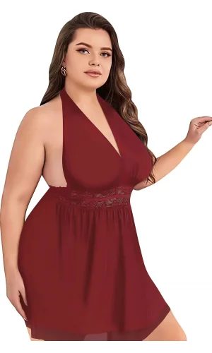 Luz&Pos Arias Closet Büyük Beden Bordo Dantel İşlemeli Boyundan Bağlamalı Fantezi Tül Gecelik