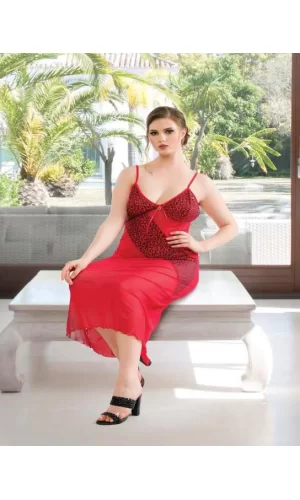 Luz&Pos Arias Closet Büyük Beden Bordo Leopar Desen Tül Fantezi Uzun Gecelik