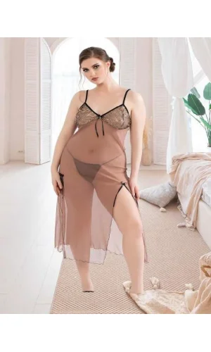 Luz&Pos Arias Closet Büyük Beden Kahverengi Tül Fantezi Uzun Yırtmaçlı Gecelik